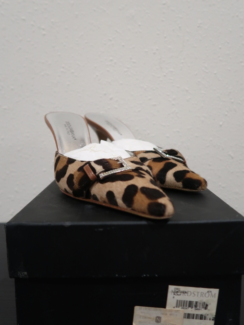 Dolce & Gabbana Leopard Print Pointed Mule with Rhinestone Buckle